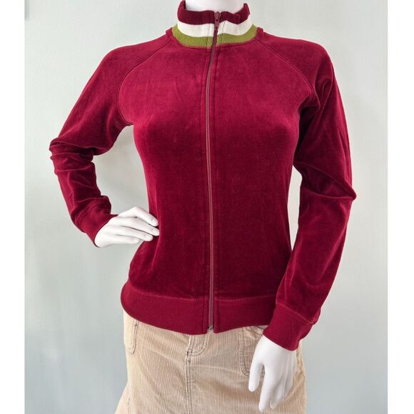 Vintage Y2k Velour Track Jacket Burgundy Red Zip Up Retro Style size Small - Picture 1 of 8